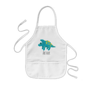 Boys Cute Blue Dinosaur and Name Kids' Apron