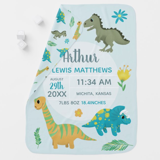 Boys Cute Blue Dinosaur Birth Stats Baby Nursery Baby Blanket