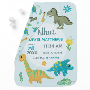 Boys Cute Blue Dinosaur Birth Stats Baby Nursery Blanket