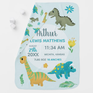 Boys Cute Blue Dinosaur Birth Stats Baby Nursery Blanket