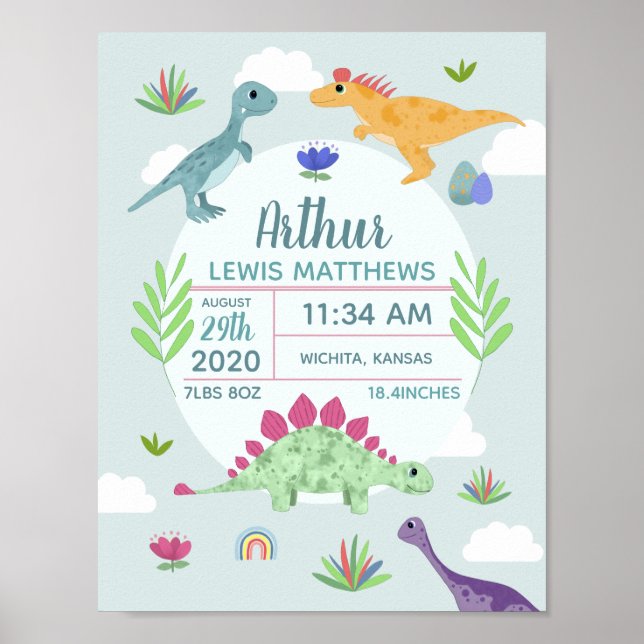 Boys Cute Blue Dinosaur Birth Stats Baby Nursery Poster (Front)