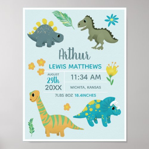 Boys Cute Blue Dinosaur Birth Stats Baby Nursery Poster