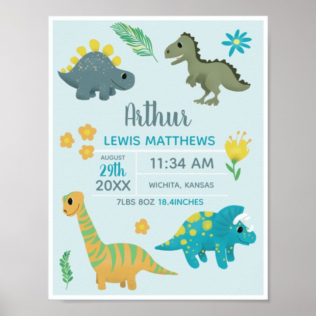 Boys Cute Blue Dinosaur Birth Stats Baby Nursery Poster (Front)