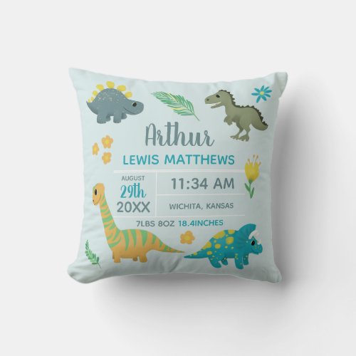 Boys Cute Blue Dinosaur Birth Stats Baby Nursery T Throw Pillow