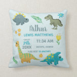 Boys Cute Blue Dinosaur Birth Stats Baby Nursery T Throw Pillow<br><div class="desc">This cute and modern blue birth stats baby nursery throw pillow features whimsical dinosaur cartoons, with a t-rex, stegosaurus and Jurassic jungle plants, and can be personalized with your baby boy's full name, date of birth, place of birth, birth weight, and birth height. The pillow has a matching dinosaur pattern...</div>