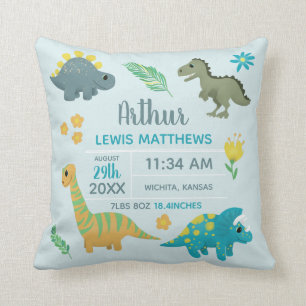 Boys Cute Blue Dinosaur Birth Stats Baby Nursery T Throw Pillow
