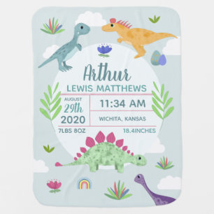 Boys Cute Blue Dinosaur Birth Stats & Name Baby Blanket