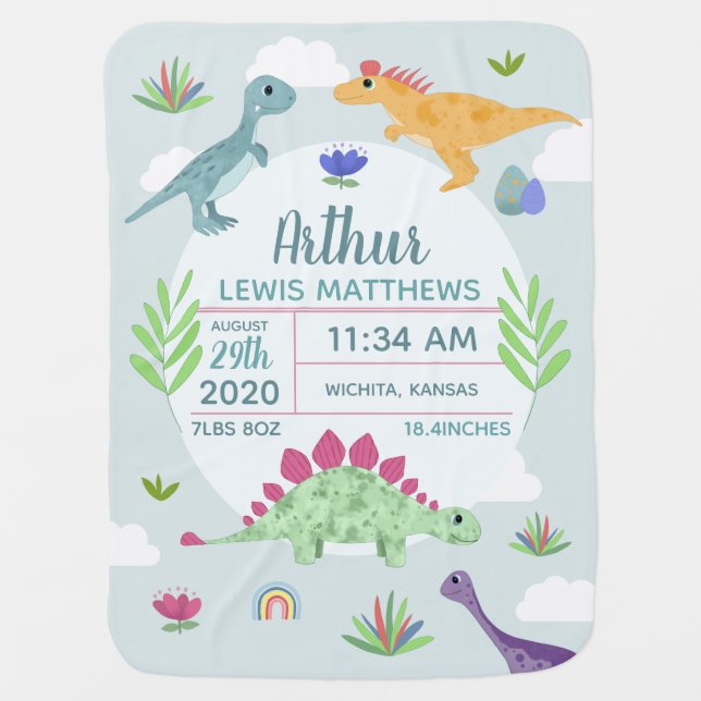 Boys Cute Blue Dinosaur Birth Stats & Name Baby Blanket (Front)