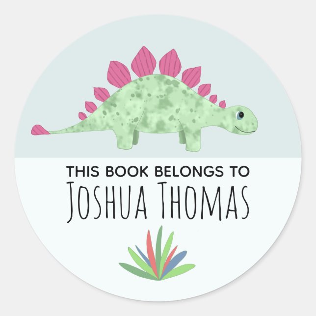 Boys Cute Blue Dinosaur Cartoon Kids Bookplate (Front)