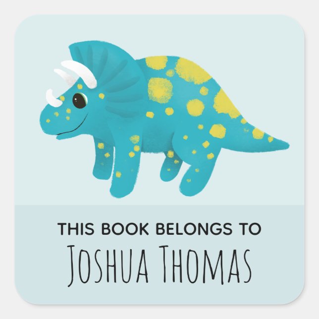 Boys Cute Blue Dinosaur Cartoon Kids Bookplate (Front)