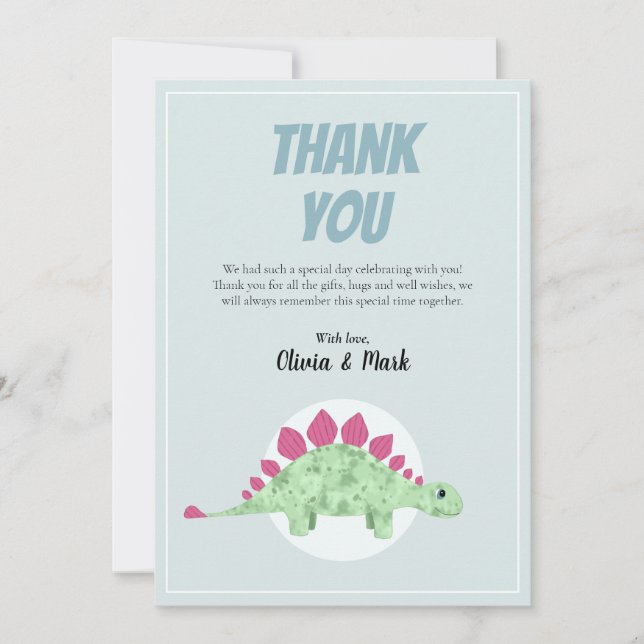 Boys Cute Blue Dinosaur Jungle Baby Shower Thank You Card (Front)