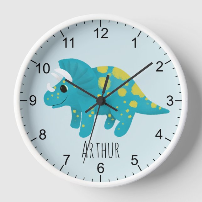 Boys Cute Blue Dinosaur Kids Nursery Clock (Front)