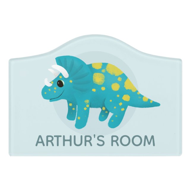 Boys Cute Blue Dinosaur & Name Kids Door Sign (Small Crest Front)