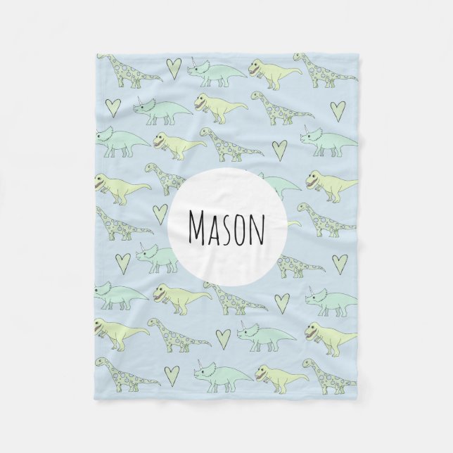 Boys Cute Blue Dinosaur Pattern & Name Kids Fleece Blanket (Front)