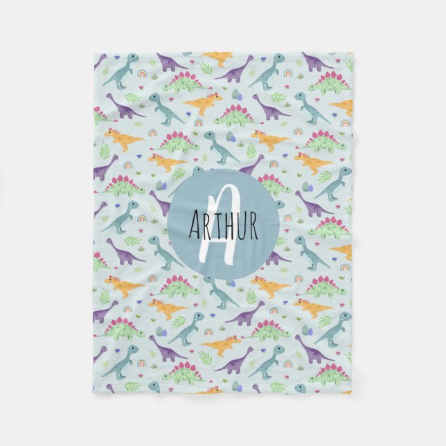 Boys Cute Blue Dinosaur Pattern & Name Kids Fleece Blanket (Front)