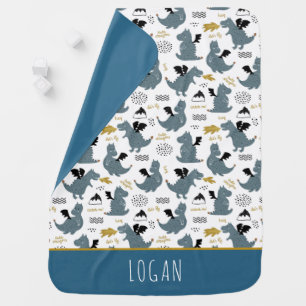 Boys Cute Blue Dragon Pattern Personalized Name Baby Blanket
