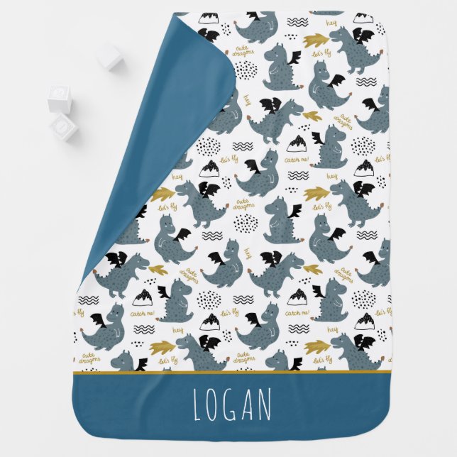 Boys Cute Blue Dragon Pattern Personalized Name Baby Blanket (In Situ)