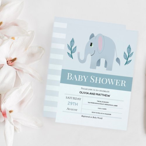 Boys Cute Blue Elephant Baby Shower Invitation