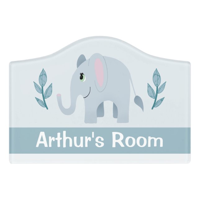 Boys Cute Blue Elephant & Name Baby Nursery Door Sign (Small Crest Front)