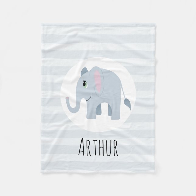 Boys Cute Blue Elephant & Name Kids Personalized Fleece Blanket (Front)