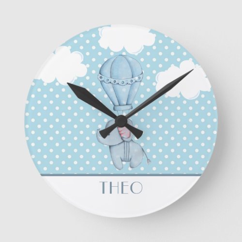 Boys Cute Blue Elephant Name Kids Round Clock