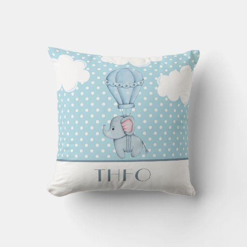 Boys Cute Blue Elephant Polka Dot Nursery Throw Pillow