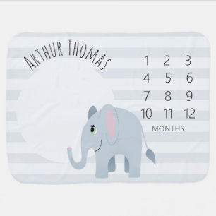 Boys Cute Blue Elephant Safari and Name Milestone Baby Blanket