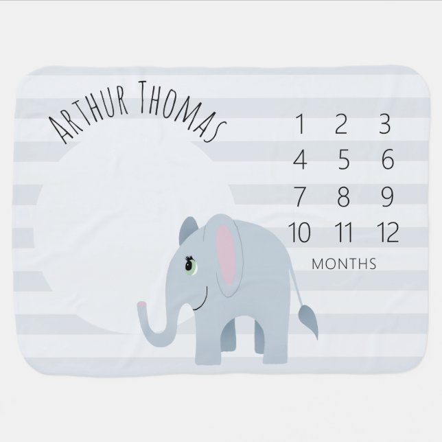 Boys Cute Blue Elephant Safari and Name Milestone Baby Blanket (Horizontal)