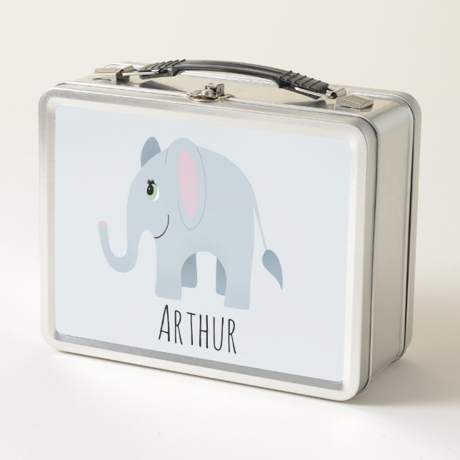 Boys Cute Blue Elephant Safari Toddler Name Kids Metal Lunch Box (Front)