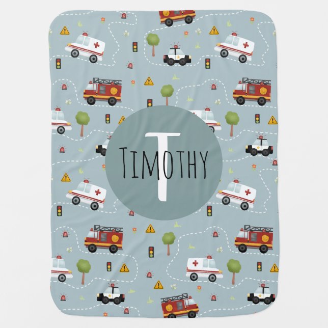 Boys Cute Blue Emergency Transport Pattern  Baby Blanket (Front)