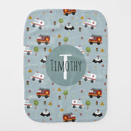 Boys Cute Blue Emergency Transport Pattern Baby Burp Cloth