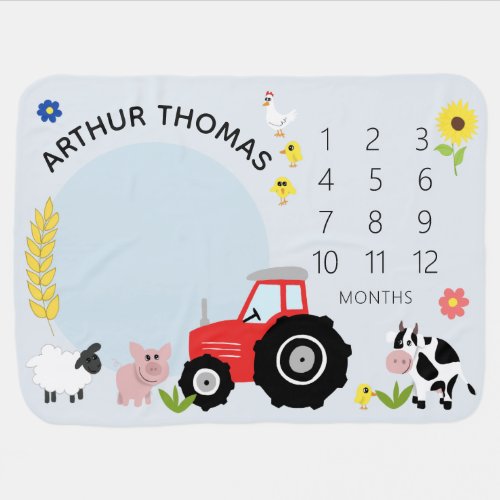 Boys Cute Blue Farm Animal Tractor Milestone Baby Blanket