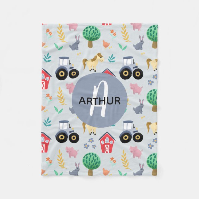 Boys Cute Blue Farm Animal Tractor Pattern Kids Fleece Blanket (Front)