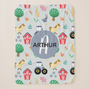 Boys Cute Blue Farm Animal Tractor Pattern Kids Sherpa Blanket