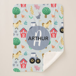 Boys Cute Blue Farm Animal Tractor Pattern Kids  Sherpa Blanket