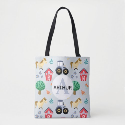 Boys Cute Blue Farm Animal Tractor Pattern Kids  Tote Bag