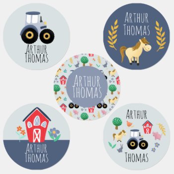 Boys Cute Blue Farm Animals And Tractor School Kids' Labels by Simply_Baby at Zazzle