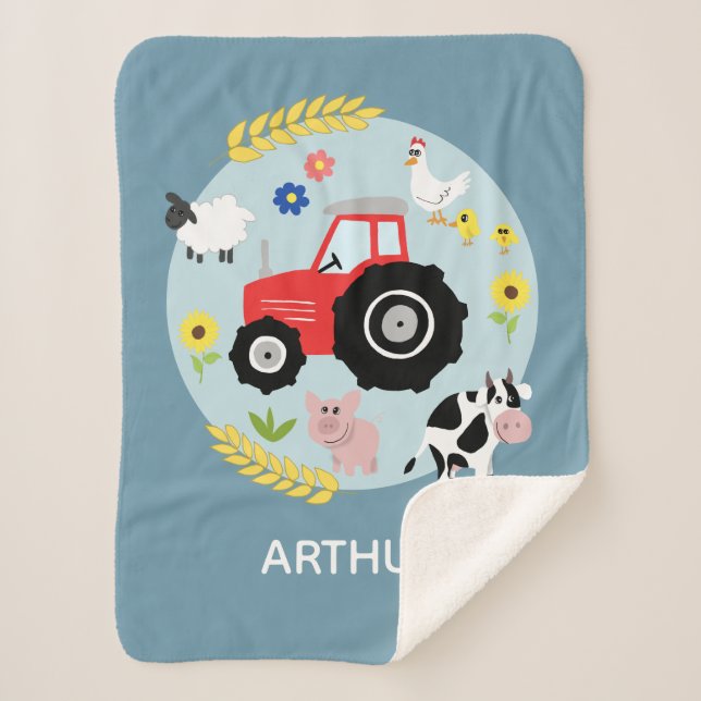 Boys Cute Blue Farm Animals Tractor & Name Kids Sherpa Blanket (Front)