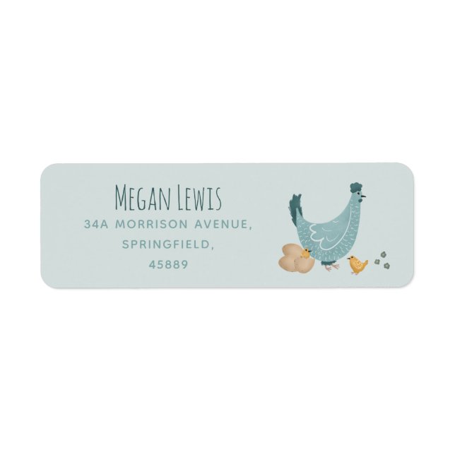 Boys Cute Blue Farm Chicken Baby Shower Label (Front)