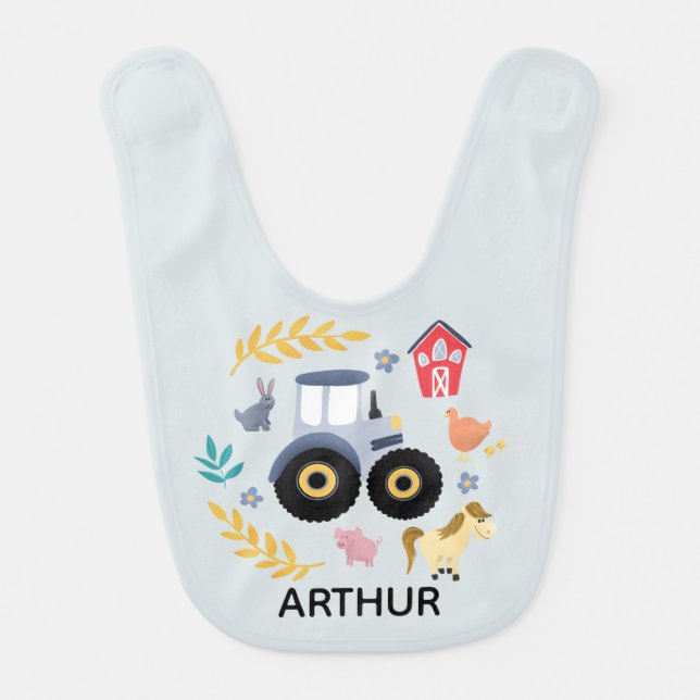Boys Cute Blue Farm Tractor and Animals Baby Bib (Front)