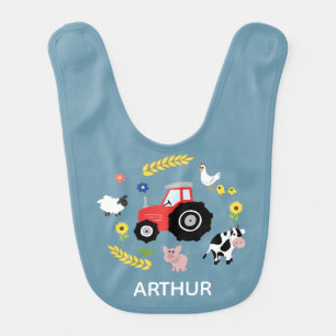 Boys Cute Blue Farm Tractor and Name Baby Bib
