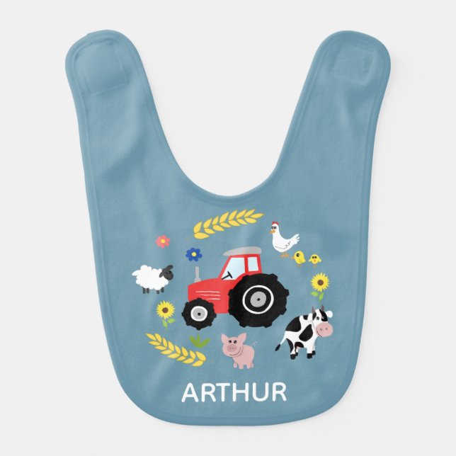 Boys Cute Blue Farm Tractor and Name Baby Bib (Front)