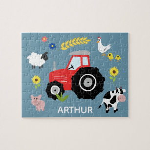 Boys Cute Blue Farm Tractor and Name Kids Jigsaw Puzzle