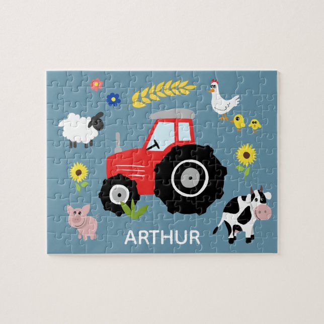 Boys Cute Blue Farm Tractor and Name Kids Jigsaw Puzzle (Horizontal)