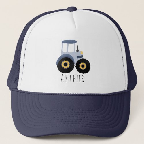 Boys Cute Blue Farm Tractor and Name Kids  Trucker Hat