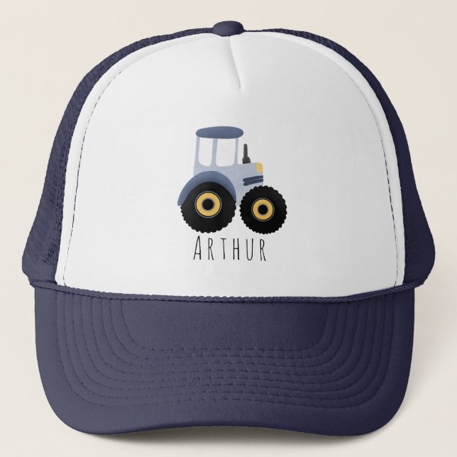 Boys Cute Blue Farm Tractor and Name Kids  Trucker Hat (Front)