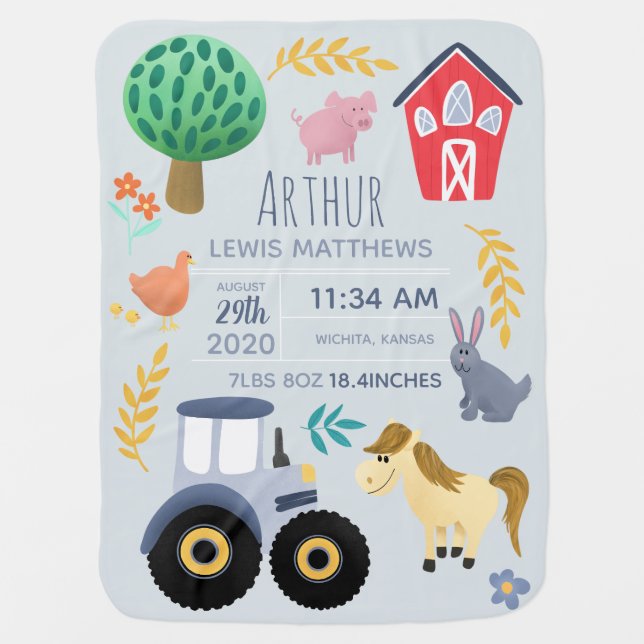 Boys Cute Blue Farm Tractor Keepsake Birth Stats Baby Blanket (Front)