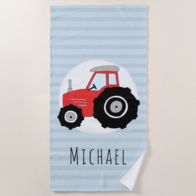 Boys Cute Blue Farm Tractor Kids Beach Towel (Front)