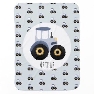 Boy's Cute Blue Farm Tractor Pattern & Name  Baby Blanket