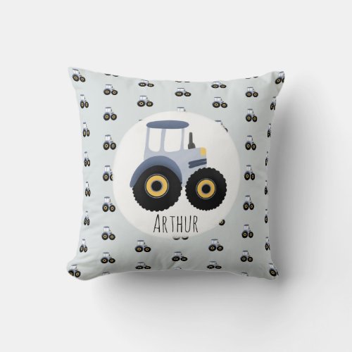 Boys Cute Blue Farm Tractor Pattern  Name Kids Throw Pillow